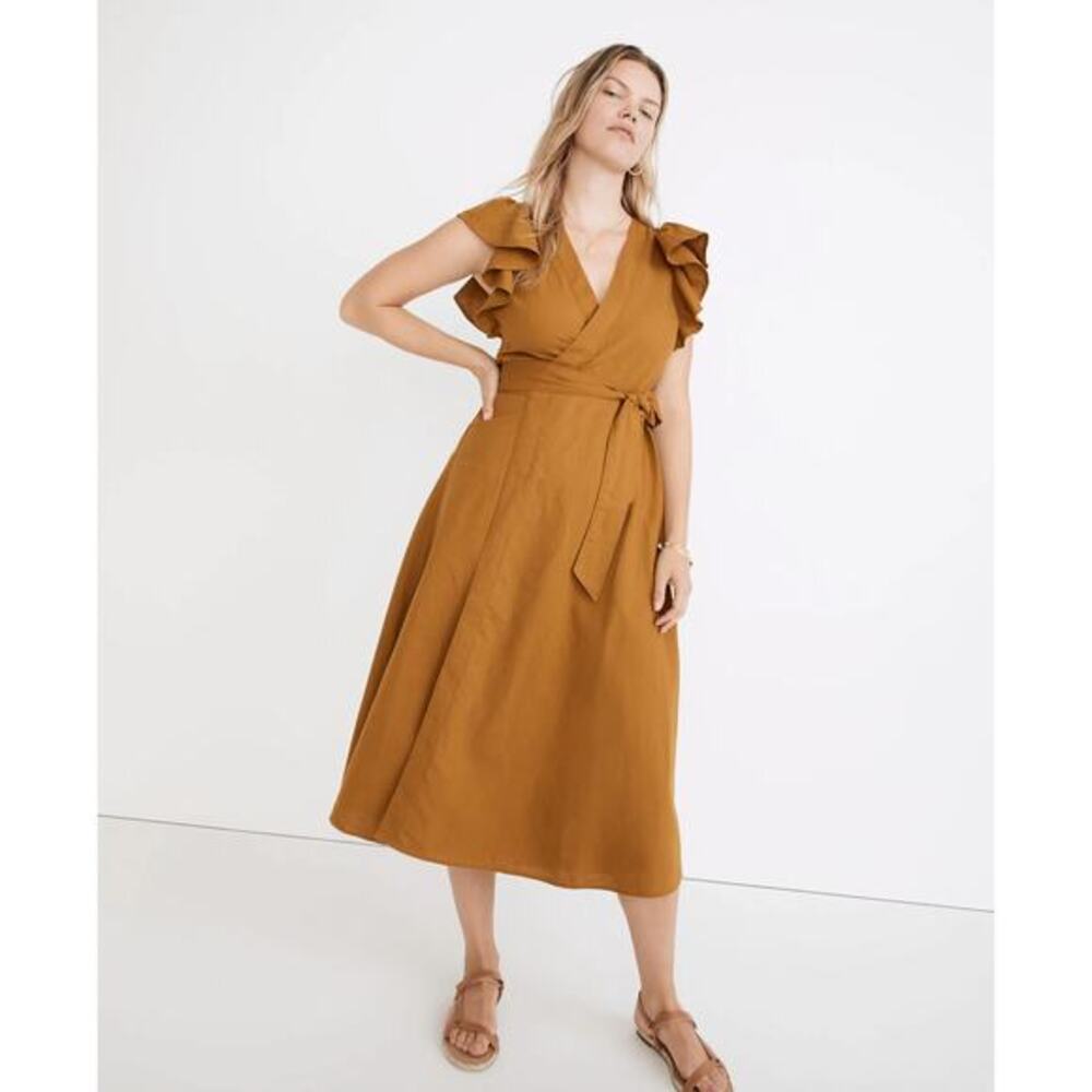 Madewell Linen-Blend Ruffle-Sleeve Wrap Midi Dress Antique Gold